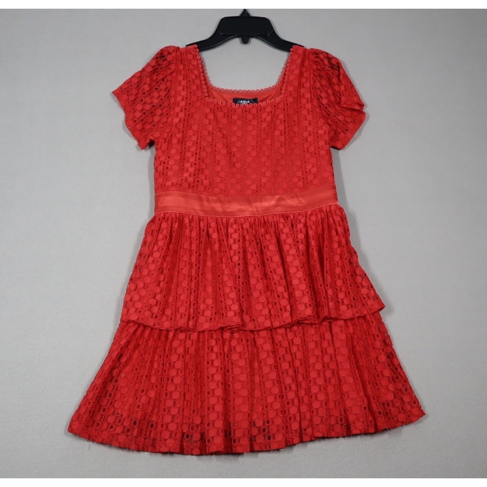 Aqua Girls' Square Neck Two Tier Dress -‎ Red - Size L (10/12)